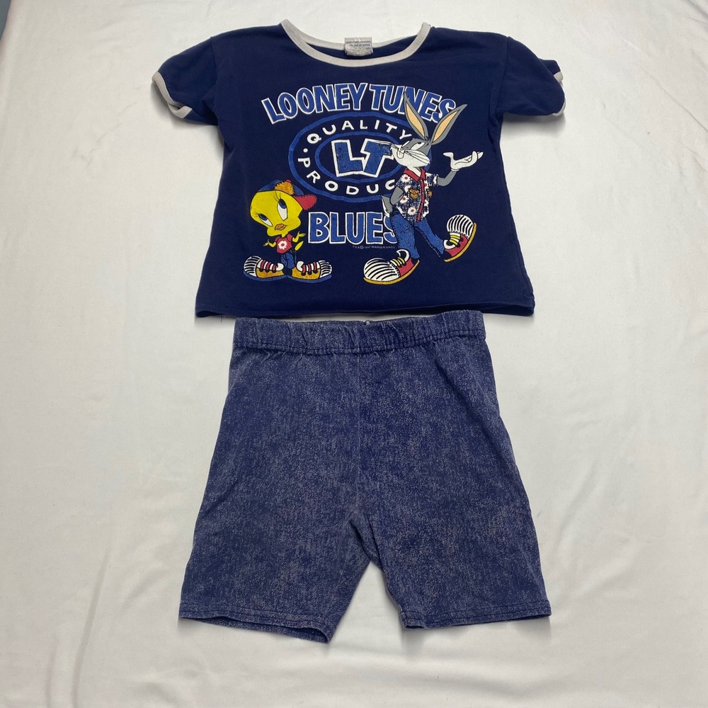 Vintage 1997 Looney Tunes Blues Bugs Bunny Tweety Ringer Tee Shorts Set 6 USA